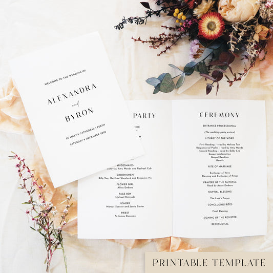 Flat-lay of a printable wedding ceremony booklet template. The editable wedding program cover reads “Welcome to the Wedding of Alexandra & Byron”, styled with dried flowers and soft fabric on a cream backdrop.
