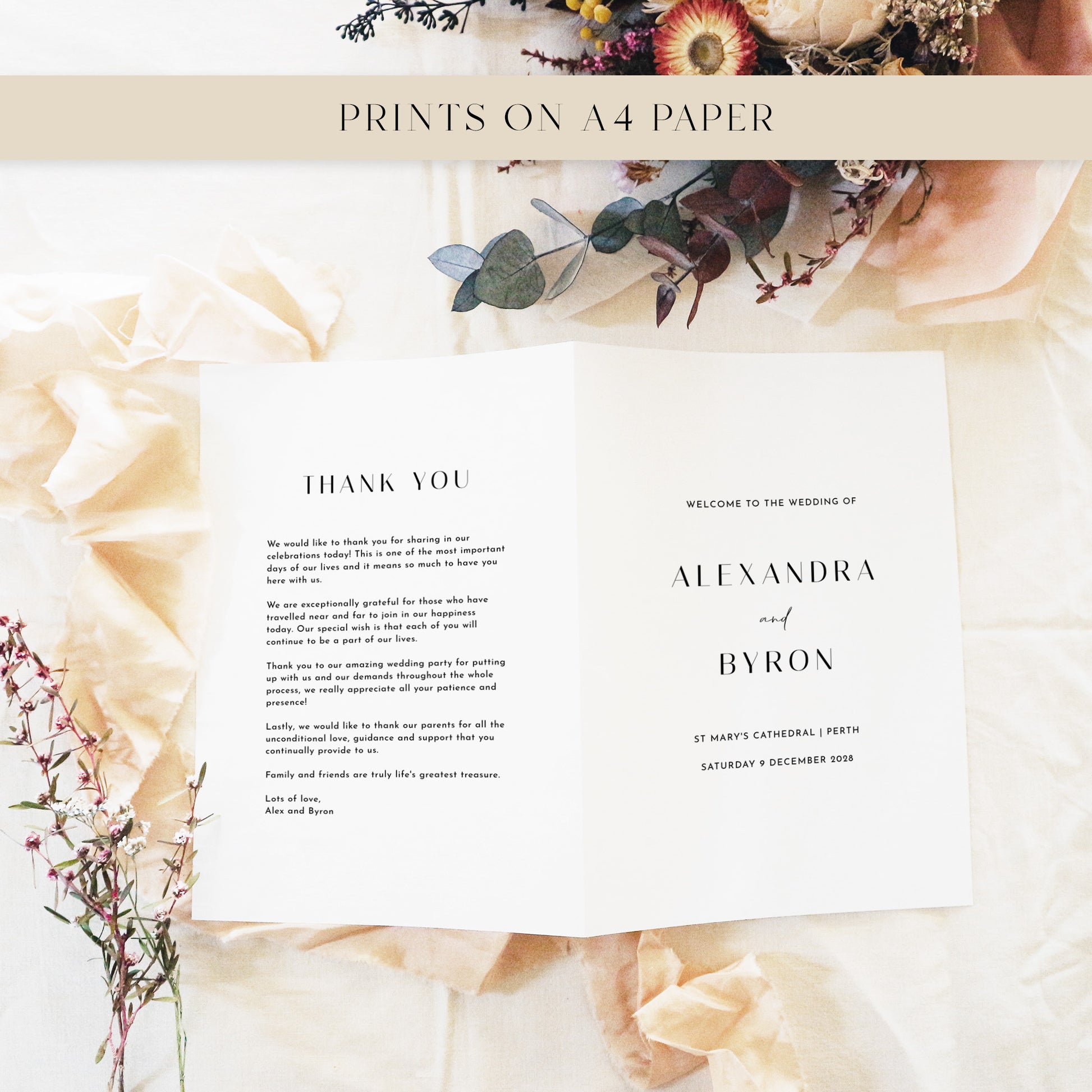 Folded A4 wedding ceremony booklet template showing the thank-you message and front cover side by side. A minimalist black-and-white design for modern couples, photographed with eucalyptus leaves and soft neutral tones.