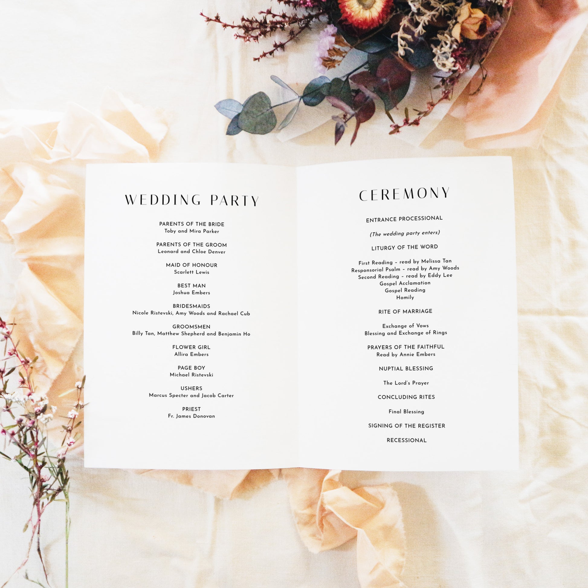 Open A4 printable wedding program template, displaying editable sections for the wedding party and ceremony order. Styled with warm florals and natural fabric for an understated, elegant look.