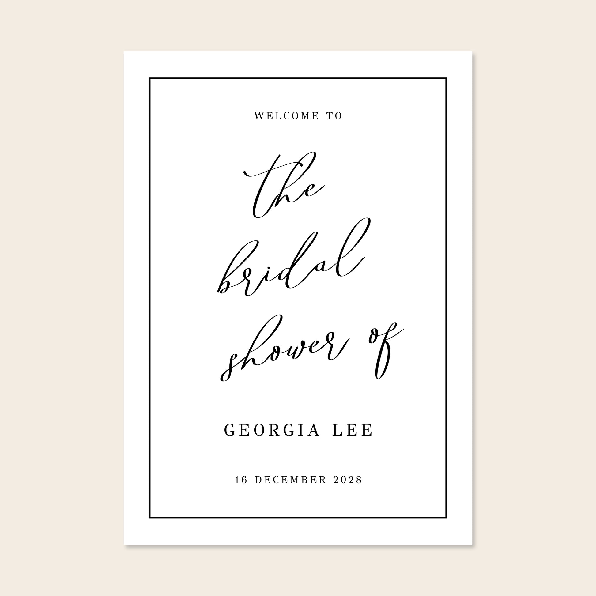 Printable bridal shower welcome sign on a beige background.