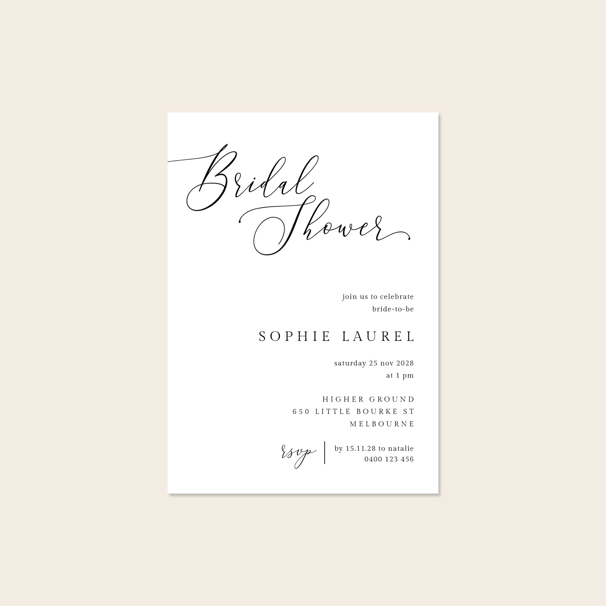 Bridal shower invitation template design on a beige background