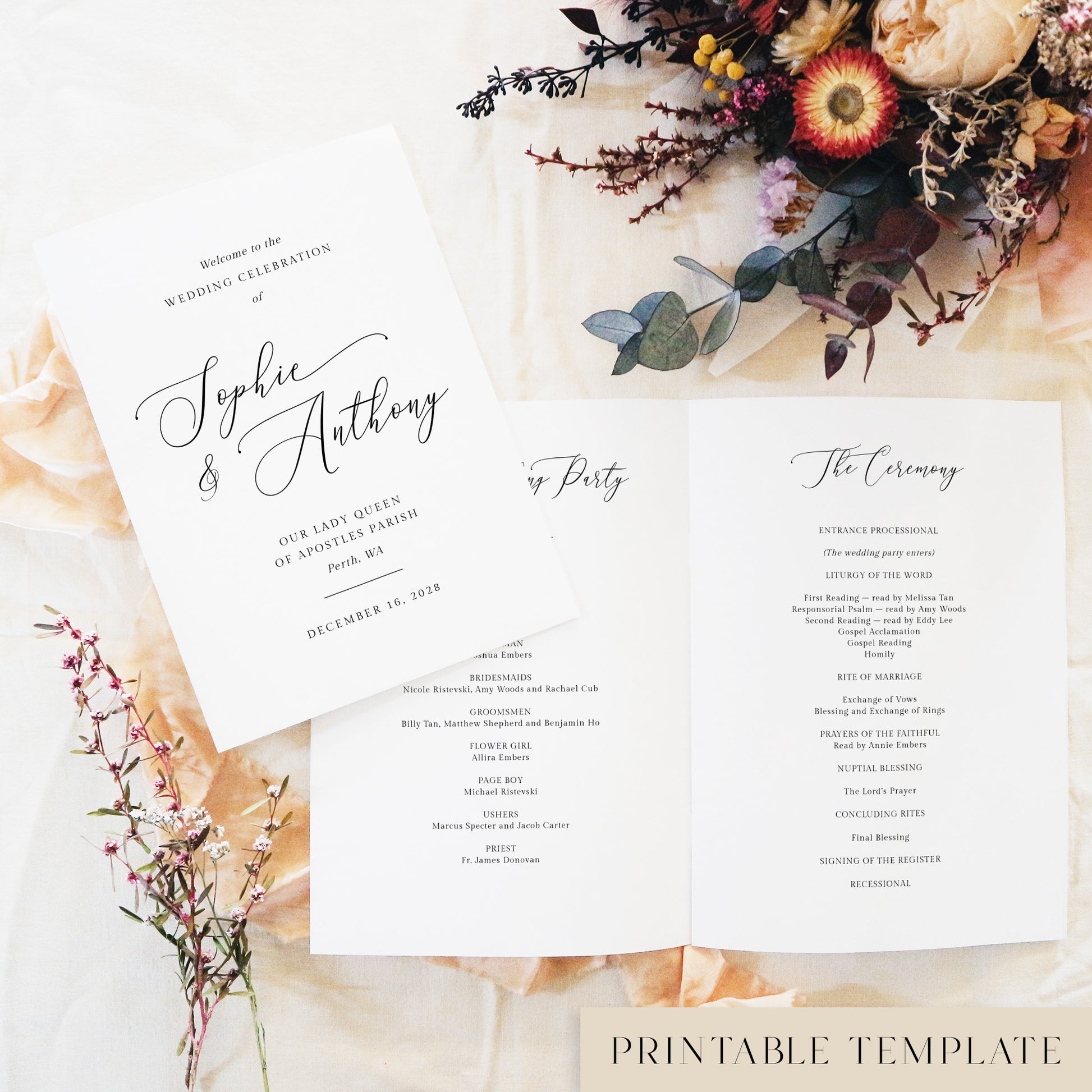 Flat-lay of a printable wedding ceremony booklet template from the Marais collection, featuring elegant serif and script typography. The editable wedding program cover reads “Welcome to the Wedding Celebration of Sophie & Anthony”, styled with dried flowers and soft fabric on a cream backdrop.