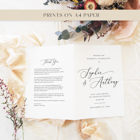 Folded A4 wedding ceremony booklet template showing the thank-you message and front cover side by side. A minimalist black-and-white design for modern couples, photographed with eucalyptus leaves and soft neutral tones.