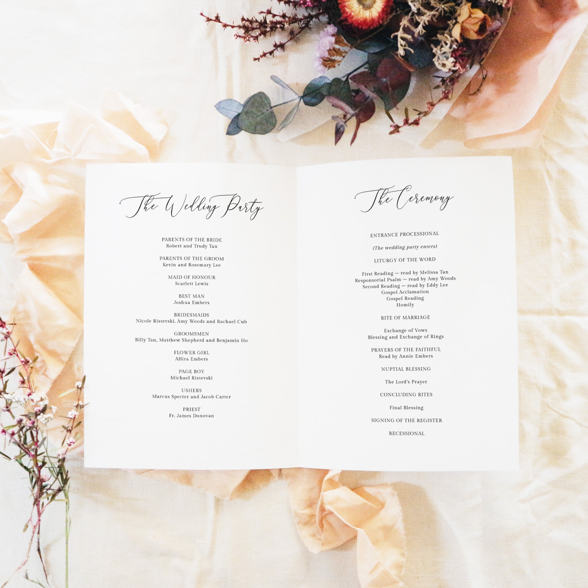 Open A4 printable wedding program template from the Marais collection, displaying editable sections for the wedding party and ceremony order. Styled with warm florals and natural fabric for an understated, elegant look.
