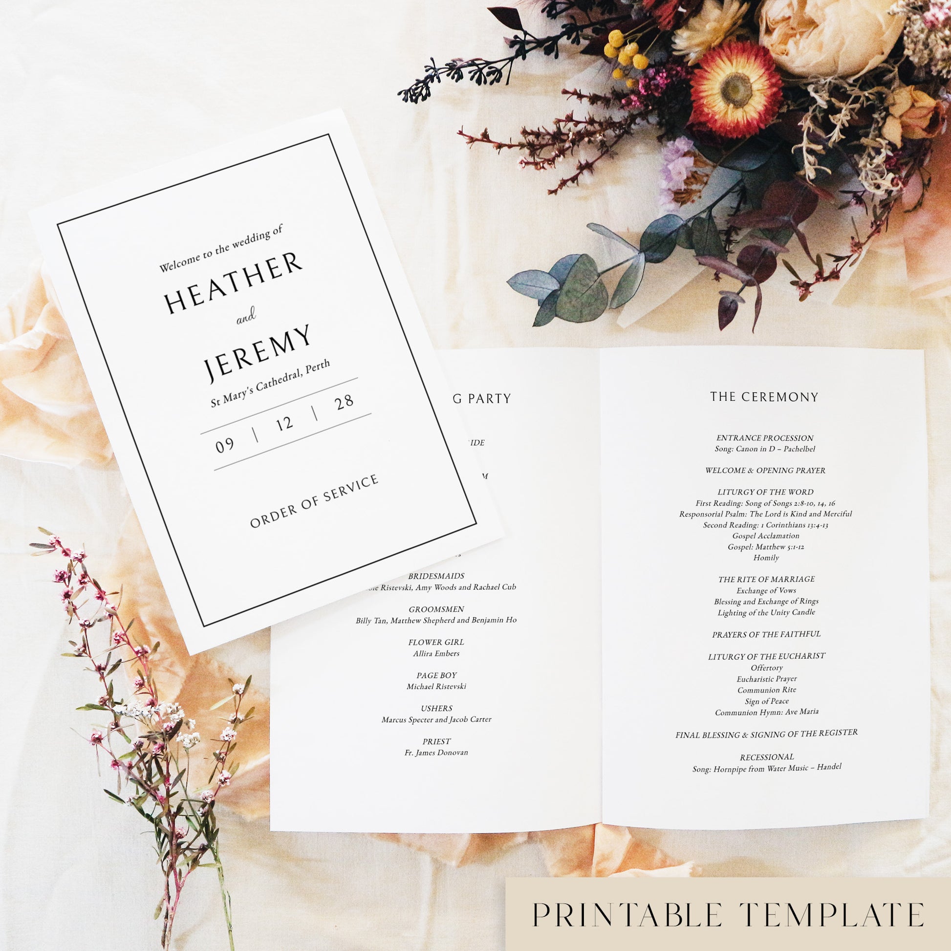 Flat-lay of a printable wedding ceremony booklet template. The editable wedding program cover reads “Welcome to the Wedding of Heather and Jeremy”, styled with dried flowers and soft fabric on a cream backdrop.