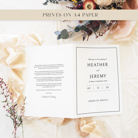 Folded A4 wedding ceremony booklet template showing the thank-you message and front cover side by side. A minimalist classic black-and-white design for modern couples, photographed with eucalyptus leaves and soft neutral tones.