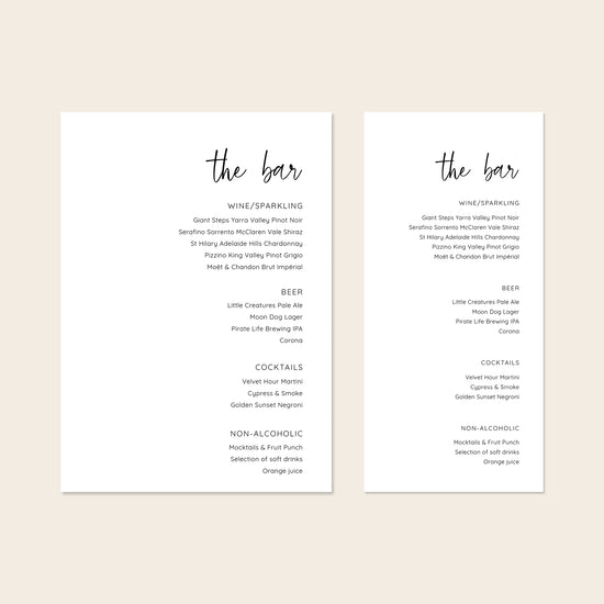 Two A5 and DL-sized bar menu templates on a neutral background.
