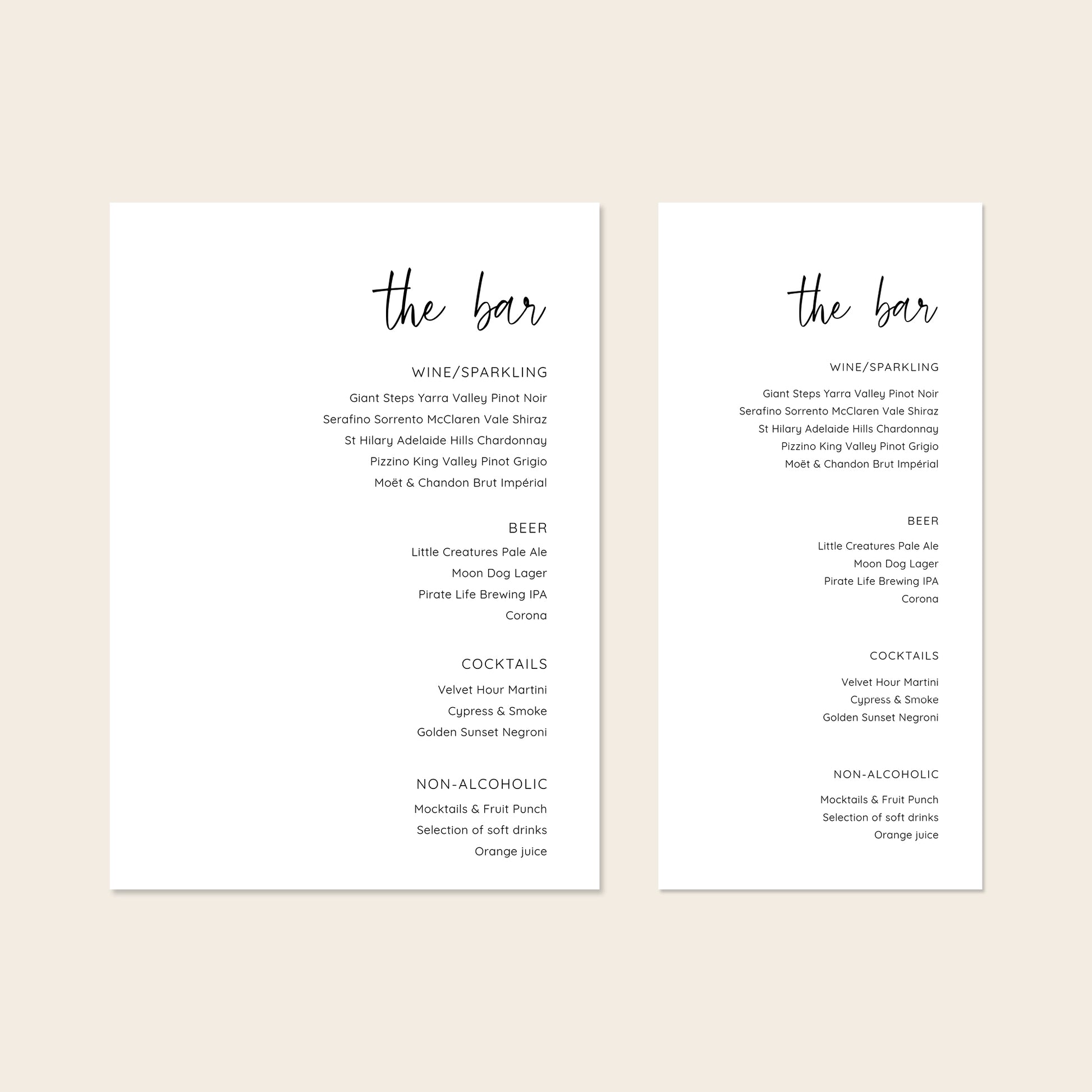 Two A5 and DL-sized bar menu templates on a neutral background.