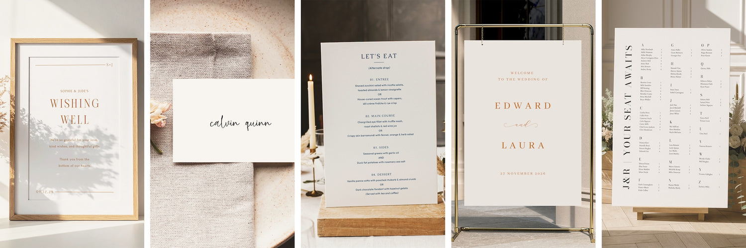 Set of wedding stationery items including a welcome sign, menu, and table plan.
