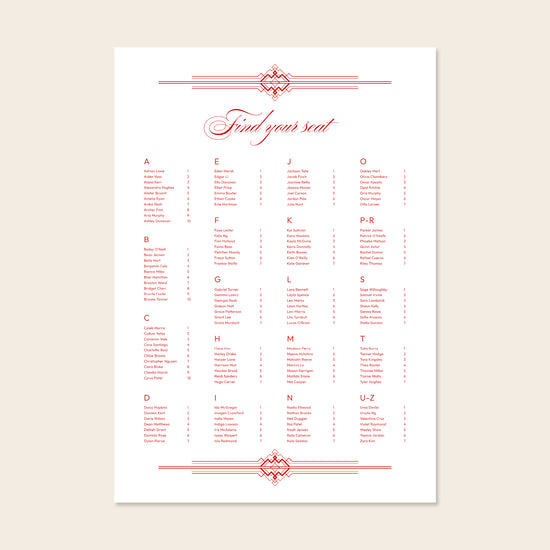 Wedding alphabetical table seating plan template design on a beige background.