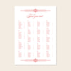 Wedding alphabetical table seating plan template design on a beige background.