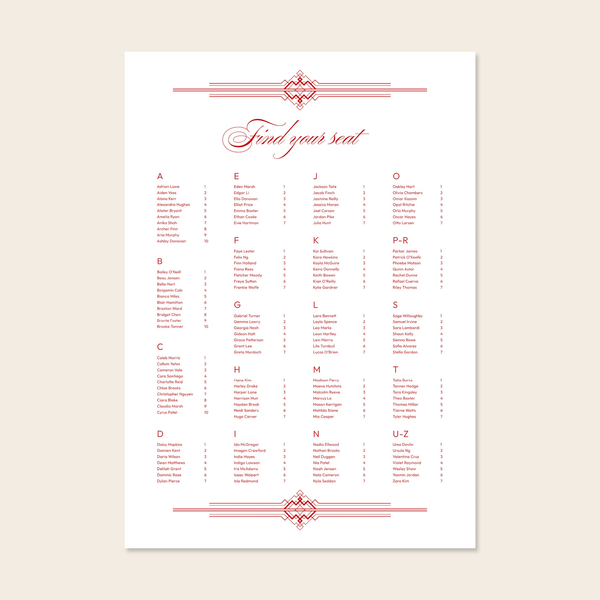 Wedding alphabetical table seating plan template design on a beige background.