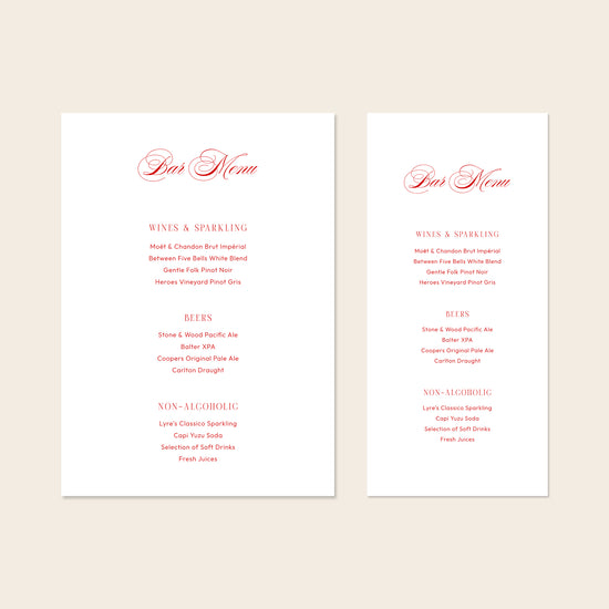 Two wedding bar menu templates, one tall and one wide, displayed on a beige background.