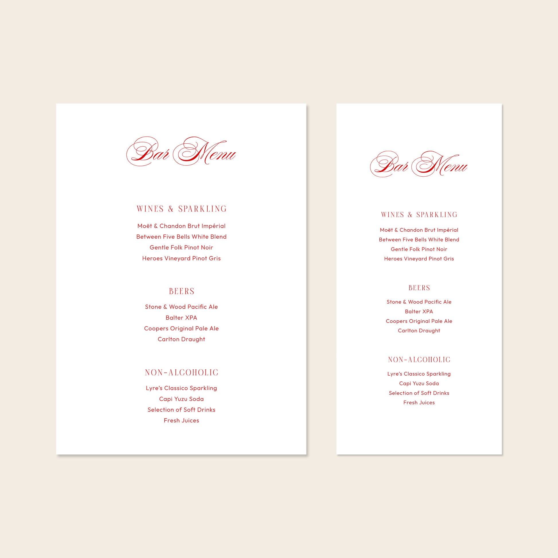 Two wedding bar menu templates, one tall and one wide, displayed on a beige background.