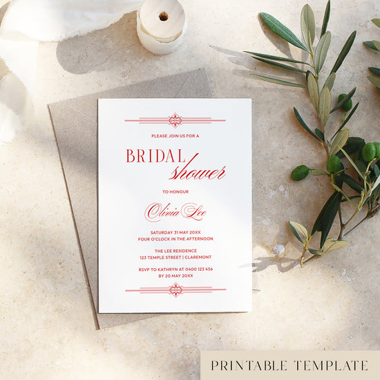 Red old-money style bridal shower invitation template on a textured surface with olive branches.