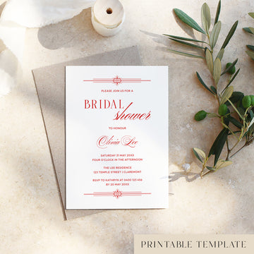 Red old-money style bridal shower invitation template on a textured surface with olive branches.