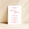 Modern red old-world style bridal shower invitation card on a beige background.