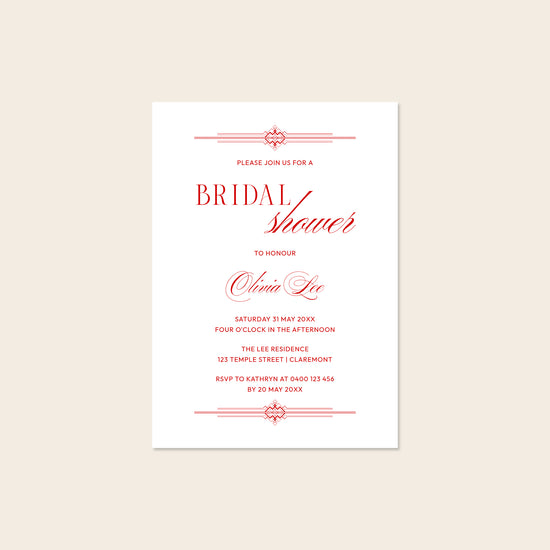 Old-money style bridal shower invitation template design on a beige background.