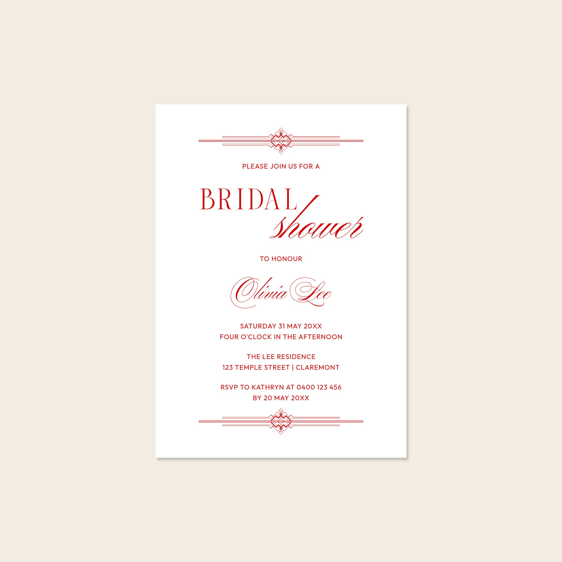 Old-money style bridal shower invitation template design on a beige background.