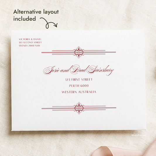 Art Deco wedding envelope address template with an alternative layout included. Deep red text sits on a white envelope, with the return address top left and calligraphy guest names centred between geometric Art Deco borders. This editable DIY template is made for Canva.