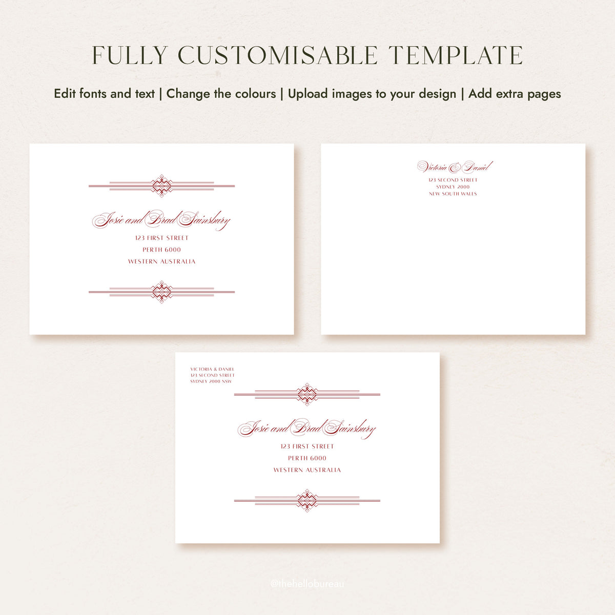 Three Art Deco editable wedding envelope address template layouts in Canva, showing a front guest address, a return address and a combined version. Red calligraphy and geometric borders sit on white, ready for you to edit fonts, change colours and print for a DIY finish.