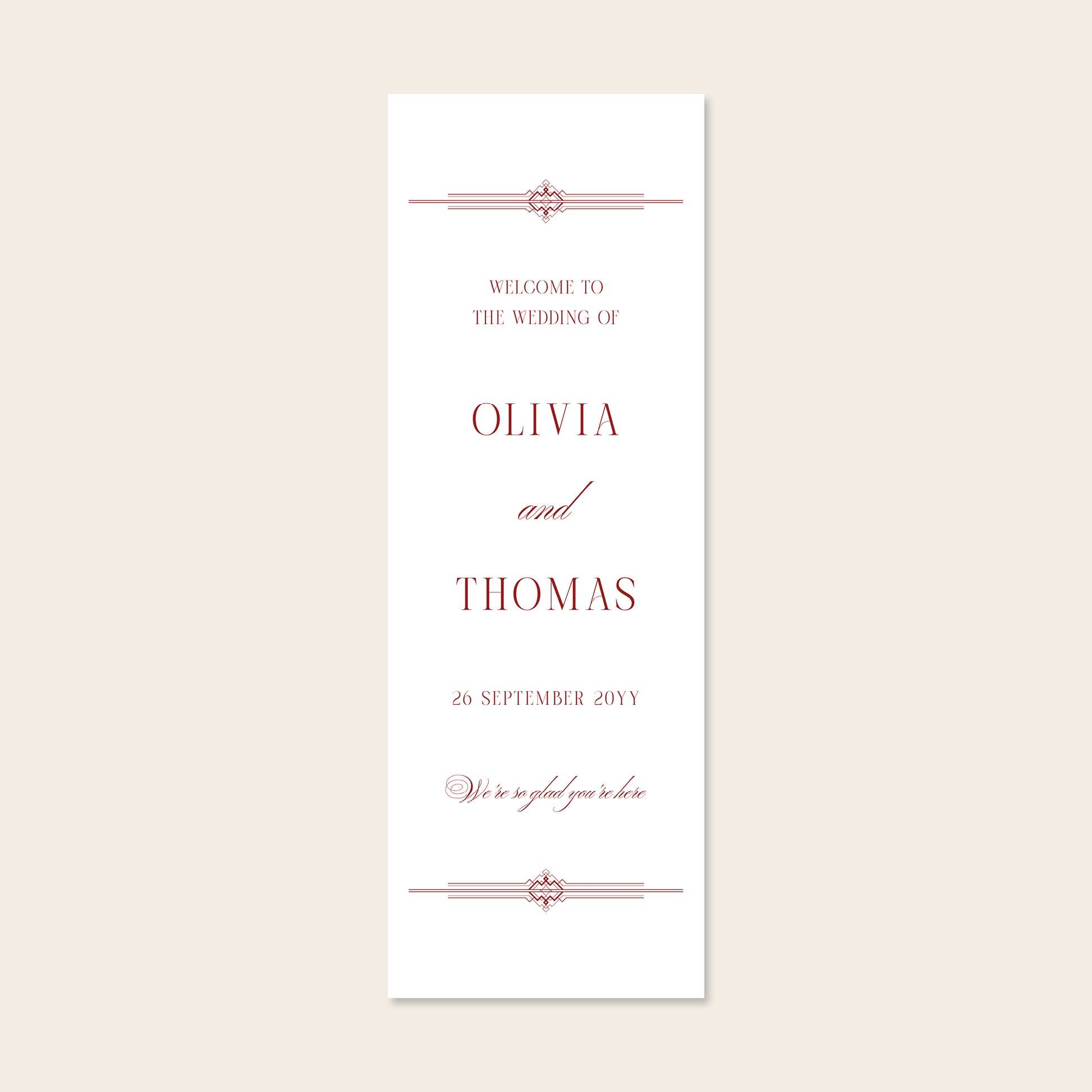 Old money style wedding fabric welcome sign template on a beige background.