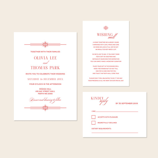 Red wedding invitation template set with details and rsvp on a beige background.