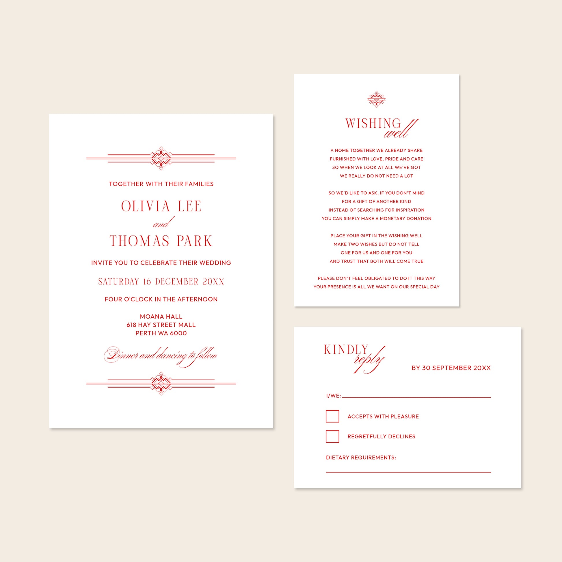 Red wedding invitation template set with details and rsvp on a beige background.