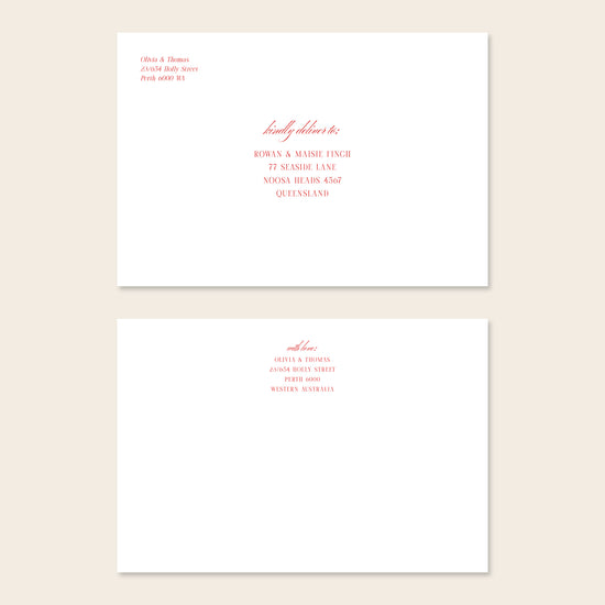 Two white invitation envelopes with address text on a beige background.