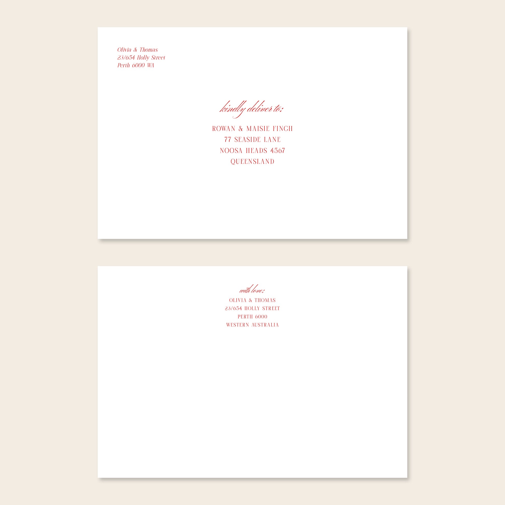 Two white invitation envelopes with address text on a beige background.