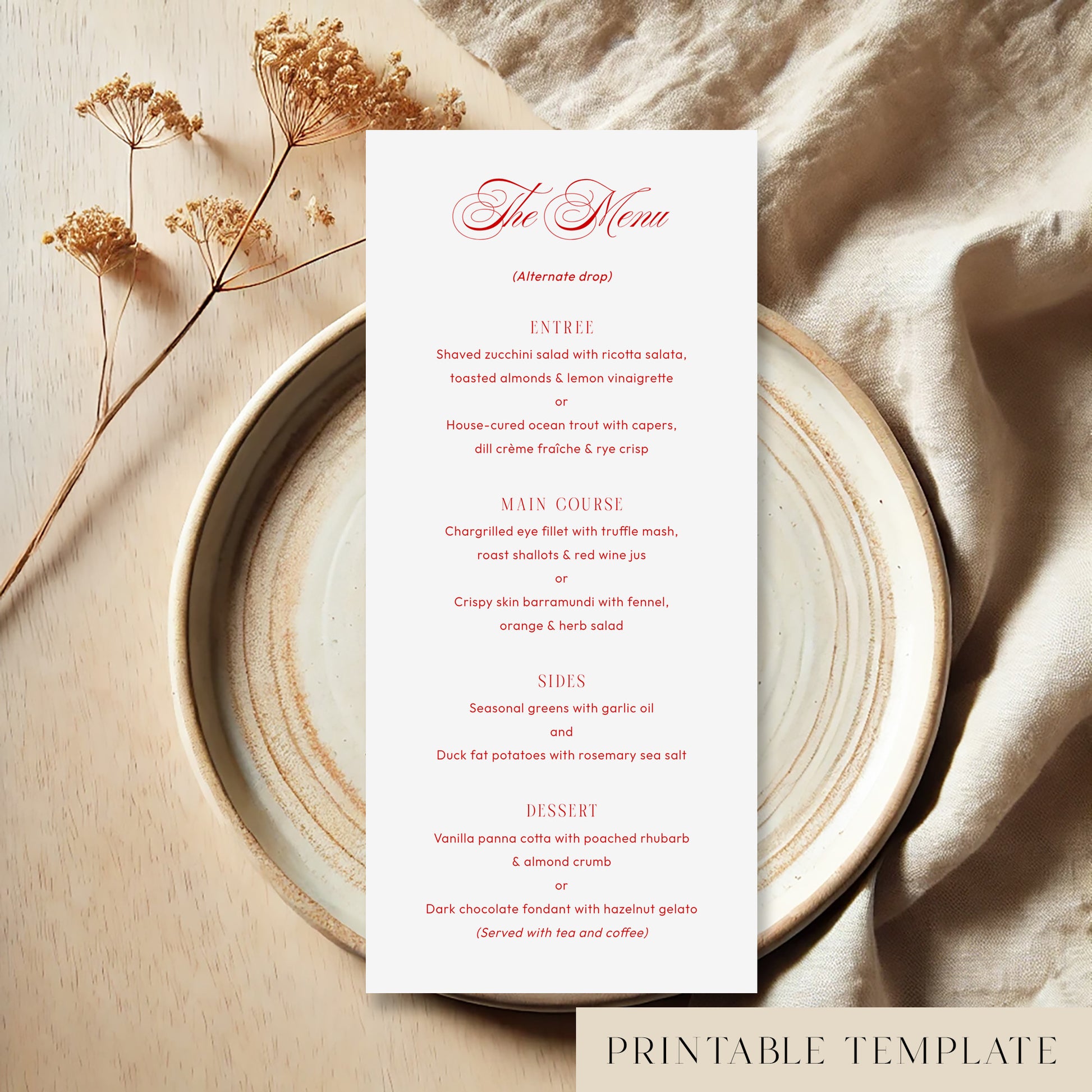 Printable wedding menu template displayed on a ceramic plate with neutral linen and dried flowers in a minimal, natural setting.