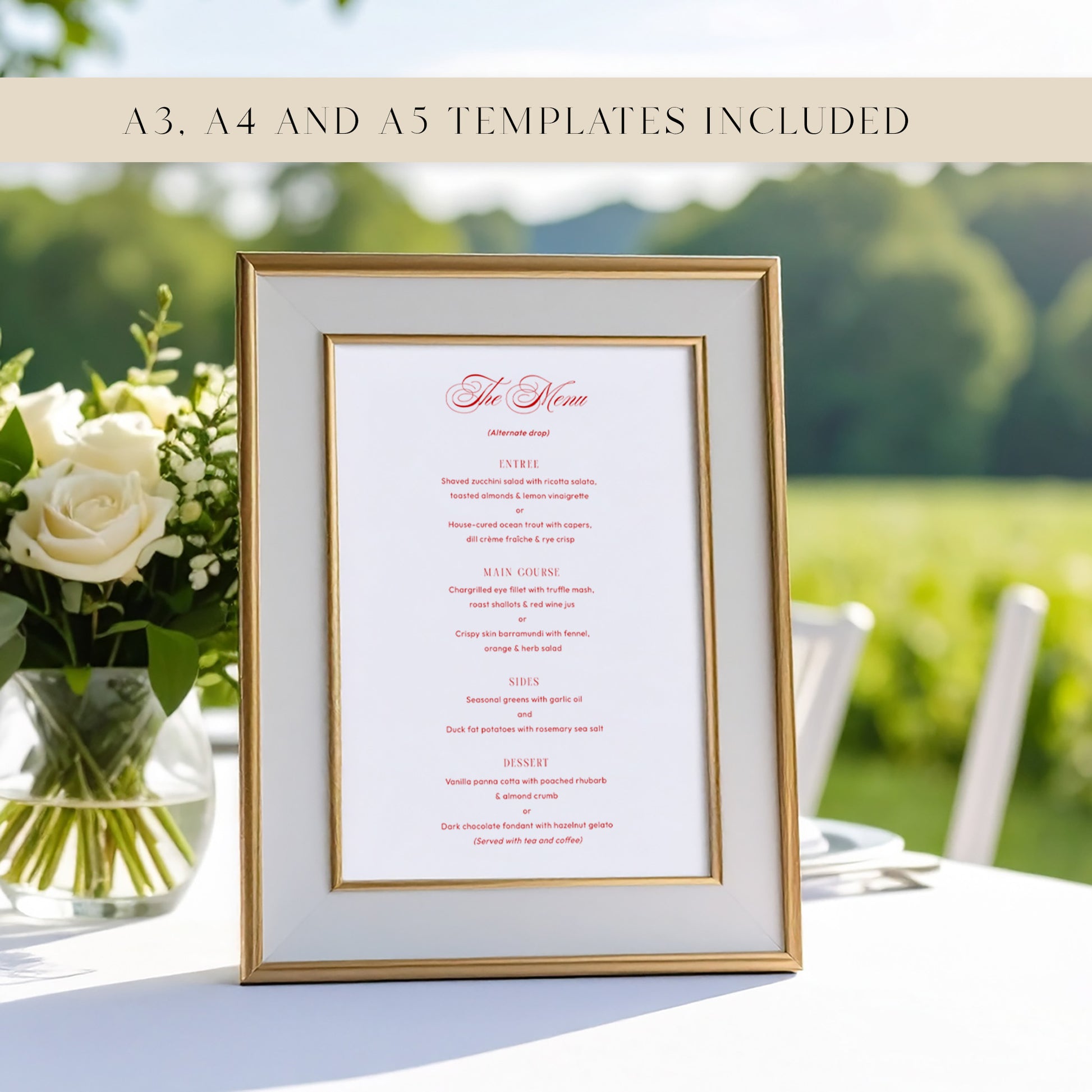 Framed wedding menu with floral arrangement on a table at an outdoors wedding.