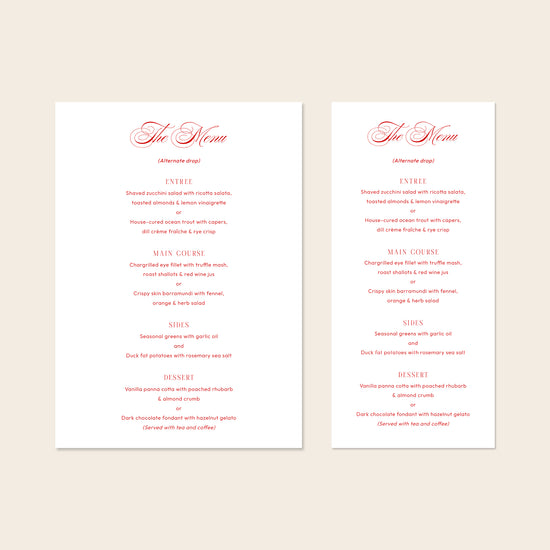 Two wedding menu templates, one tall and one wide, displayed on a beige background.