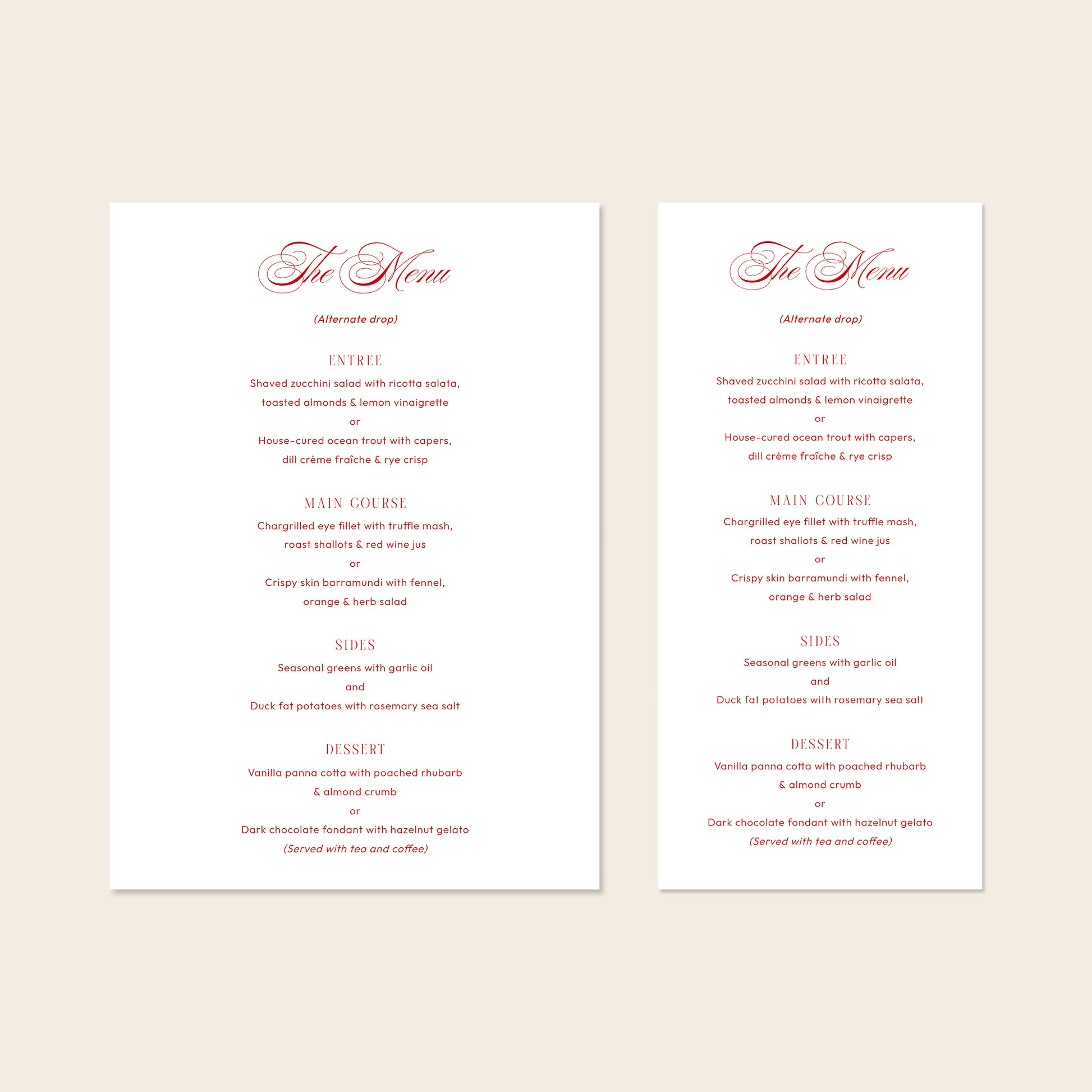 Two wedding menu templates, one tall and one wide, displayed on a beige background.
