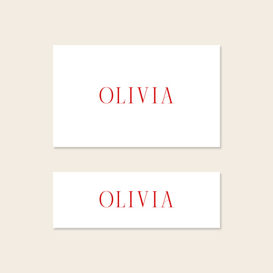 Two place card templates shown in horizontal and slim rectangular layouts on a beige background.