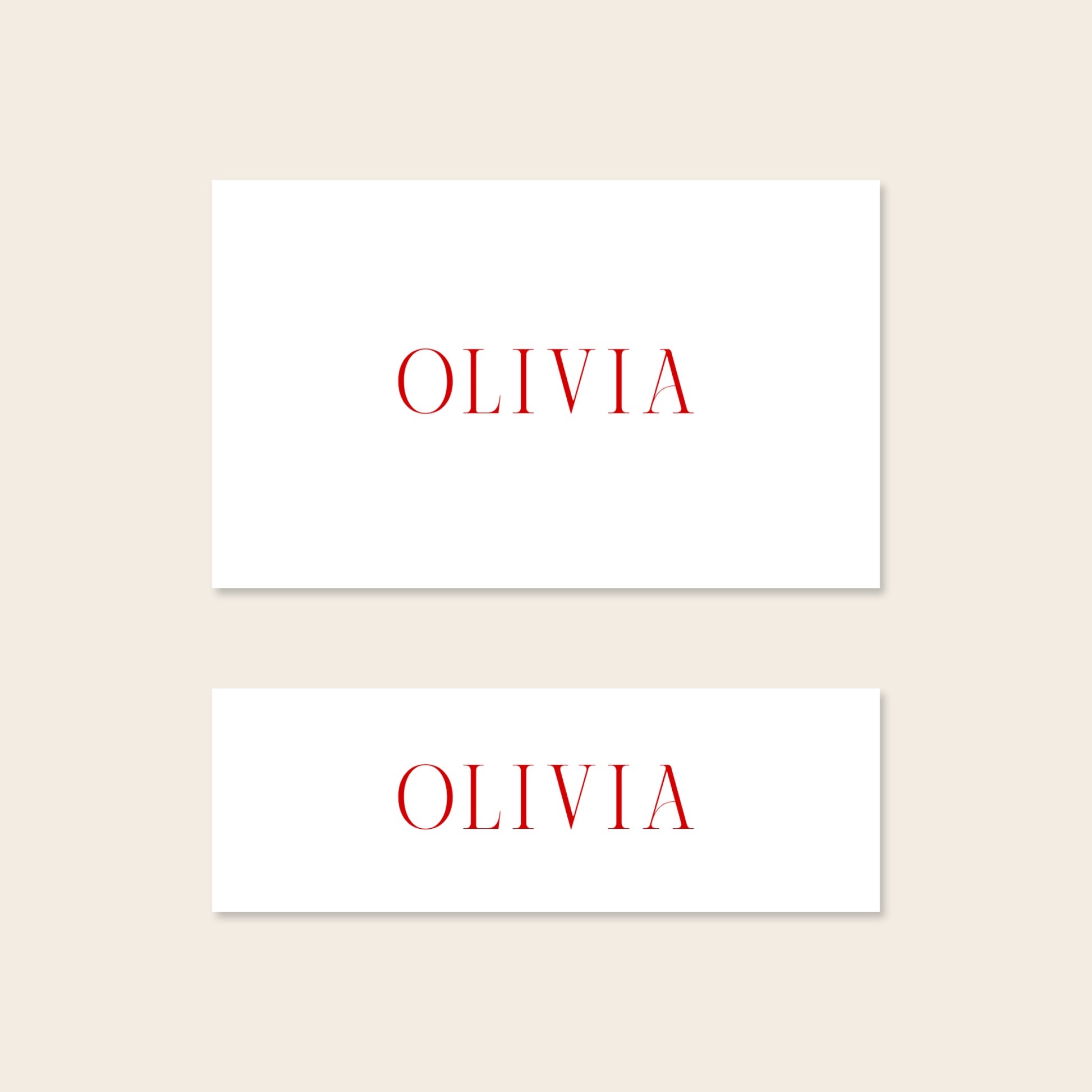 Two place card templates shown in horizontal and slim rectangular layouts on a beige background.
