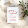 Heritage save the date card with red text on a light background with a spool of thread and olive branch.