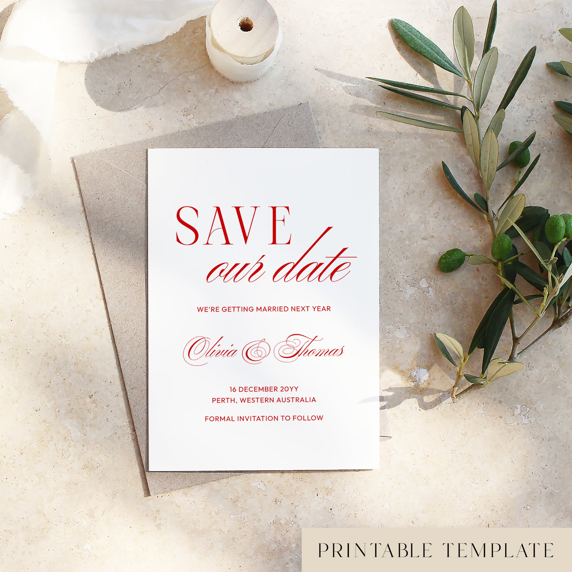 Heritage save the date card with red text on a light background with a spool of thread and olive branch.