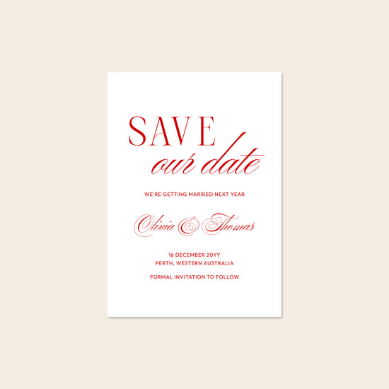 Wedding save the date card template design on a beige background.
