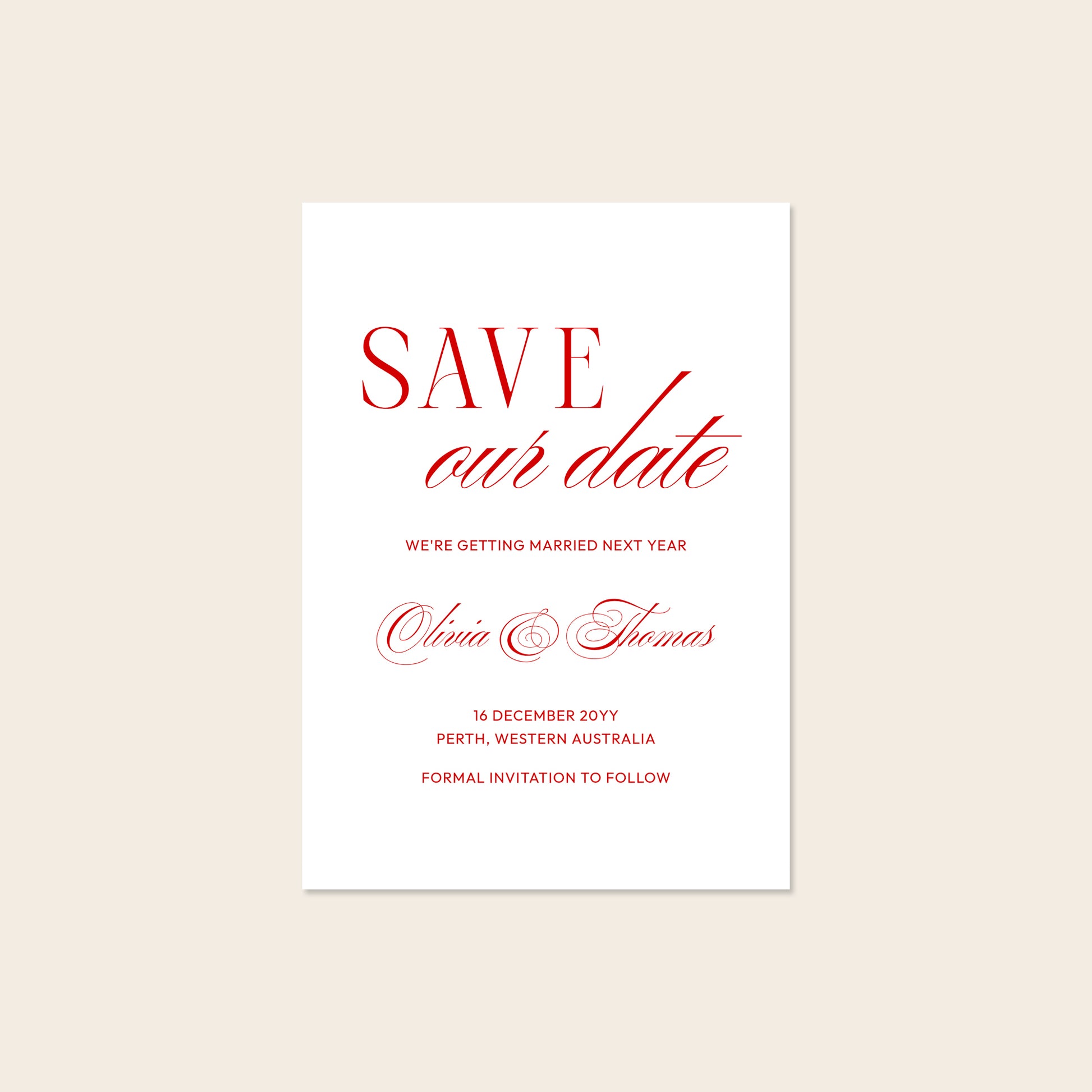 Wedding save the date card template design on a beige background.