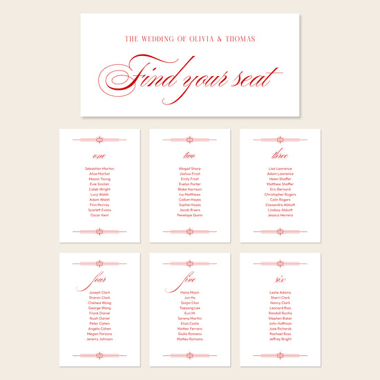 Printable seating chart cards template design with names and title on a beige background.