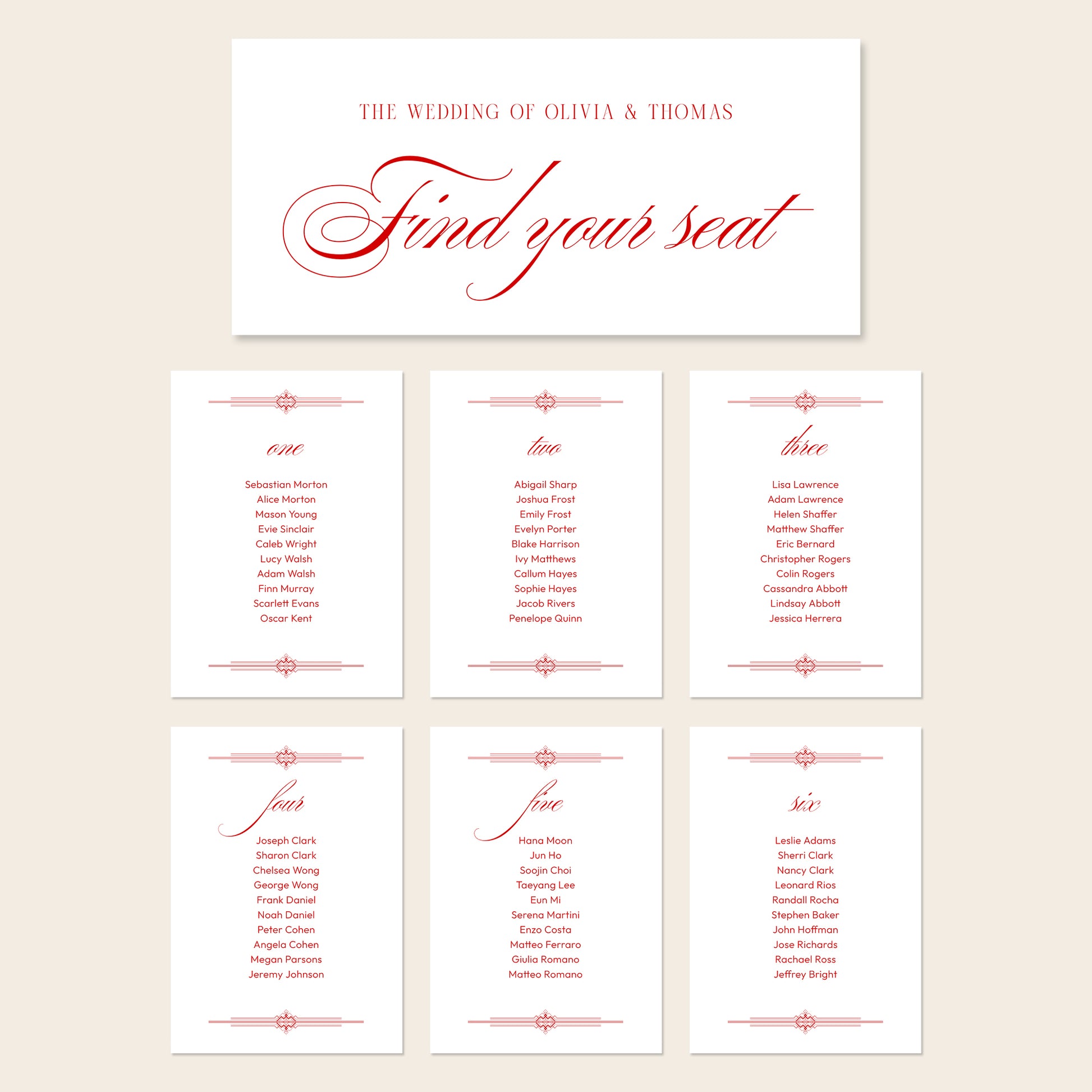 Printable seating chart cards template design with names and title on a beige background.