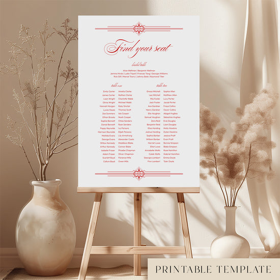 Printable heritage long tables wedding seating chart sign on an easel with floral arrangements in a room setting.