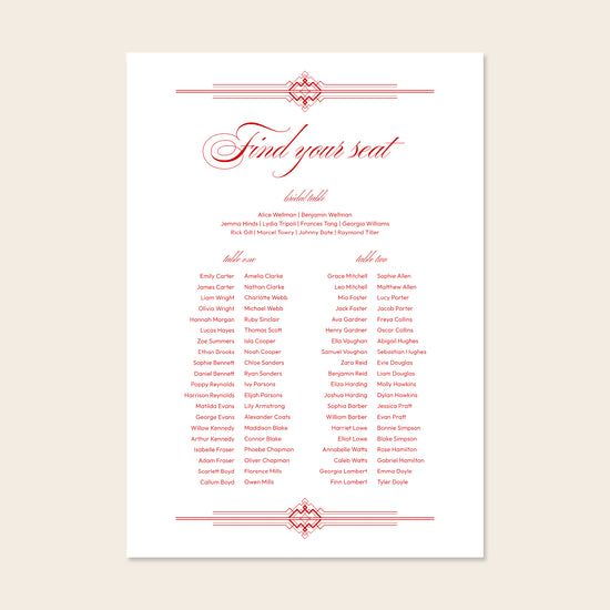 Wedding seating chart template design on a beige background.