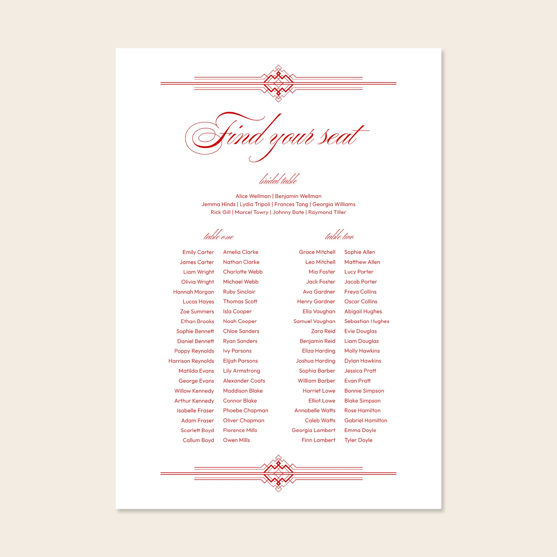 Wedding seating chart template design on a beige background.