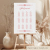 Printable heritage wedding seating chart sign on an easel with floral arrangements in a room setting.