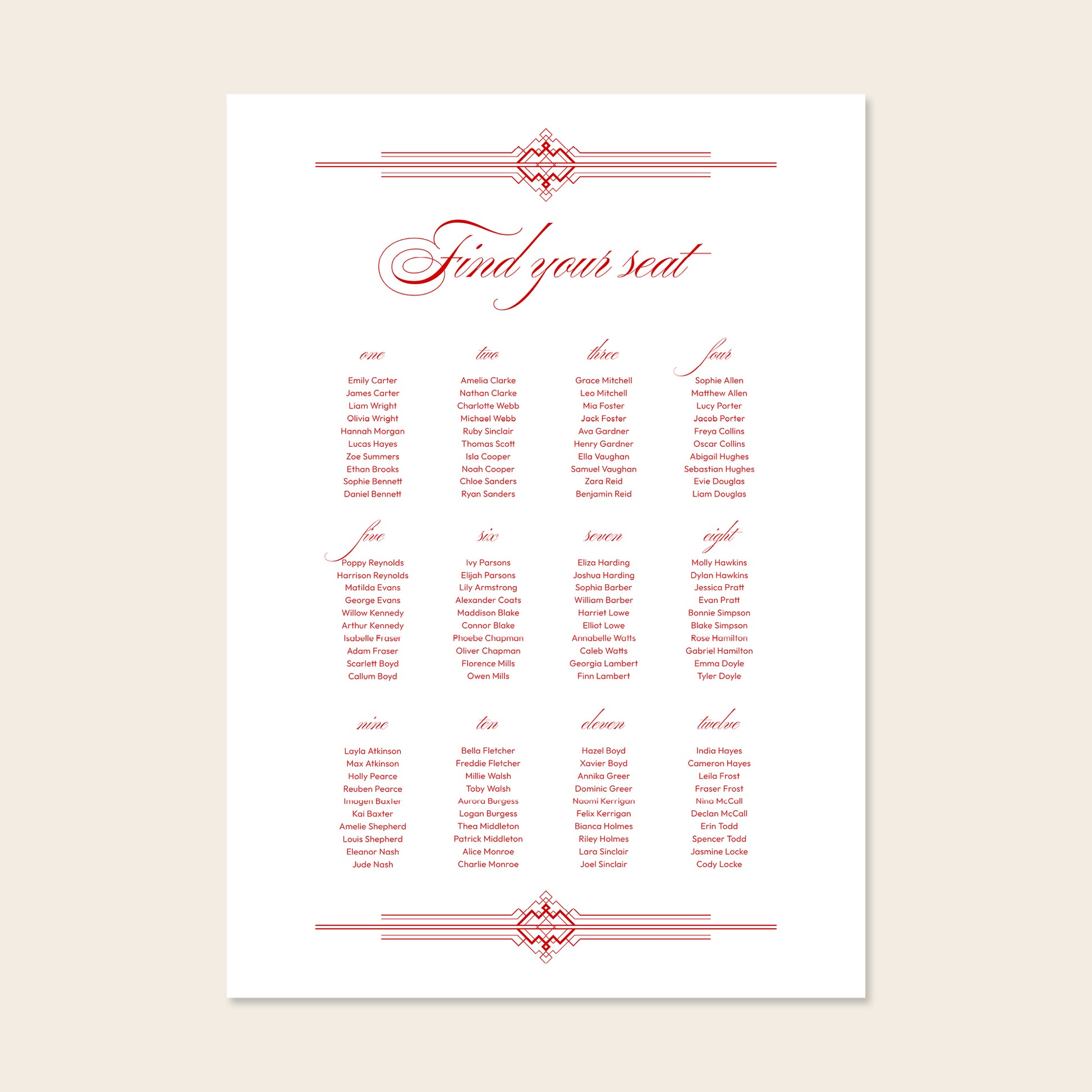 Wedding seating chart template design on a beige background.