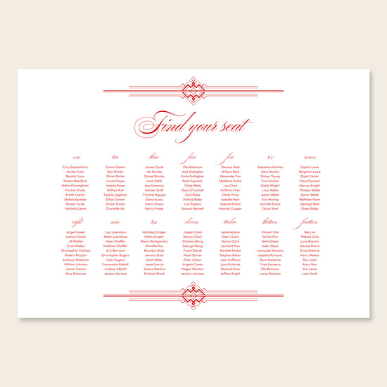 Horizontal wedding seating chart sign template design on a beige background.