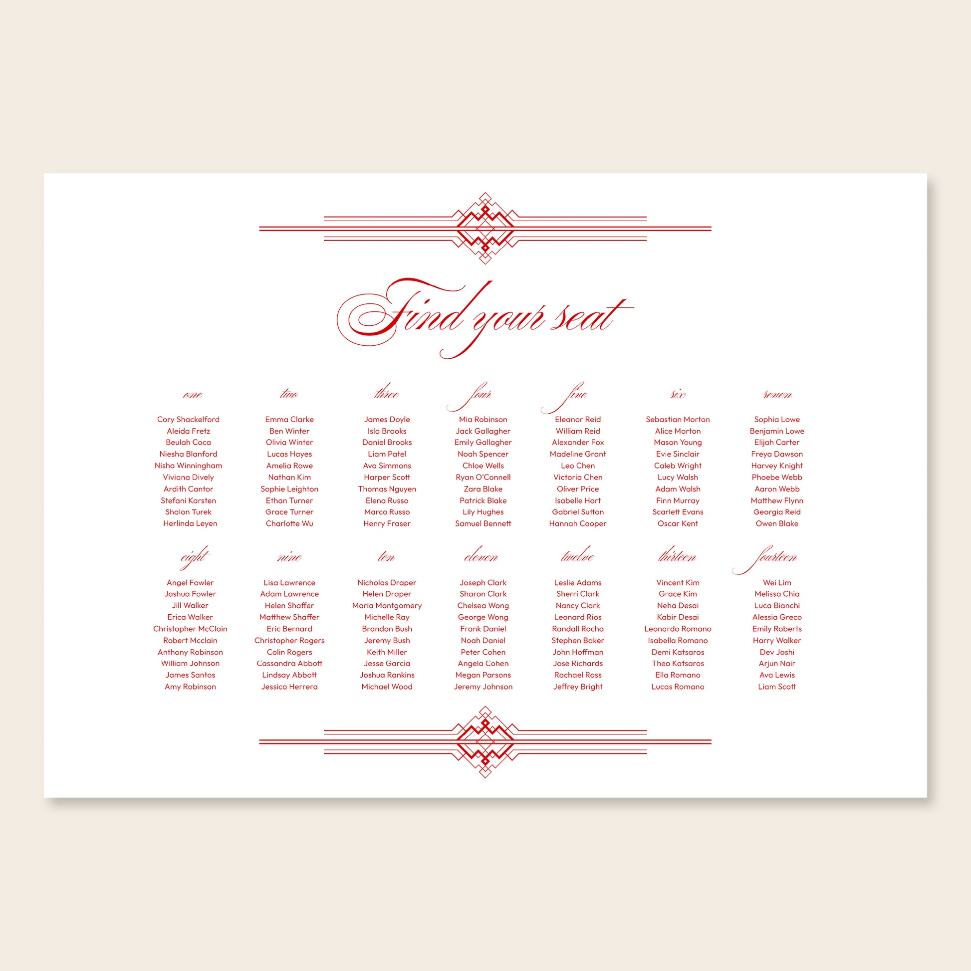 Horizontal wedding seating chart sign template design on a beige background.