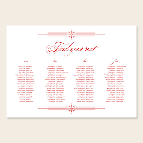 Horizontal wedding seating chart sign template design on a beige background.